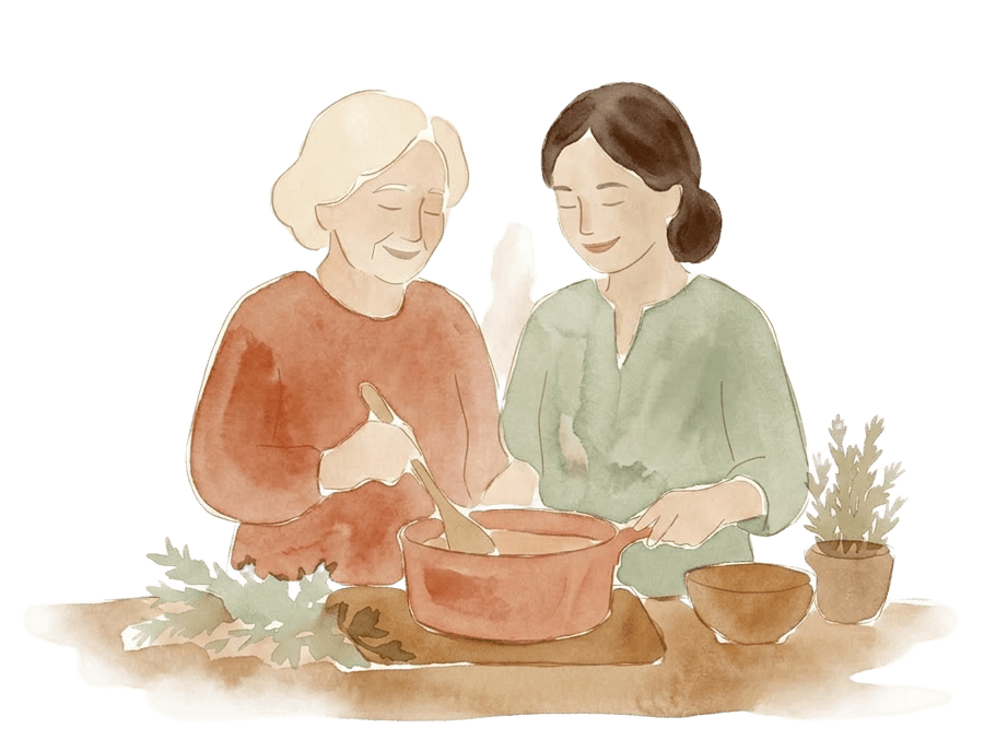 Watercolor illustration of grandmother and daughter cooking together
